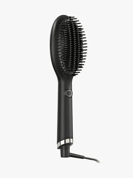 Black corded hairbrush with silver ring on a light gray background